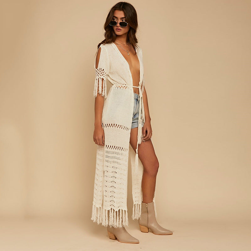 Ladies airy crochet beach robe with fringed accents Ivyshape