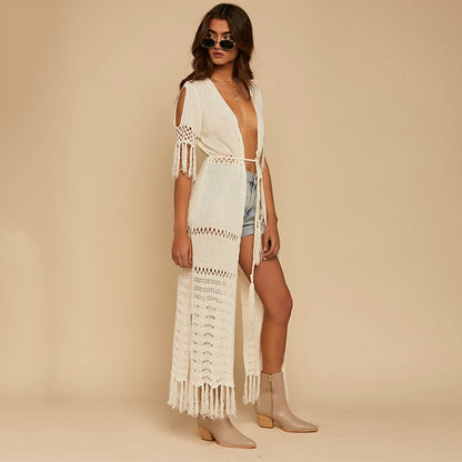 Ladies airy crochet beach robe with fringed accents Ivyshape
