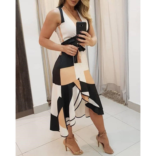Ladies' maxi dress with asymmetric cut and graphic design Ivyshape