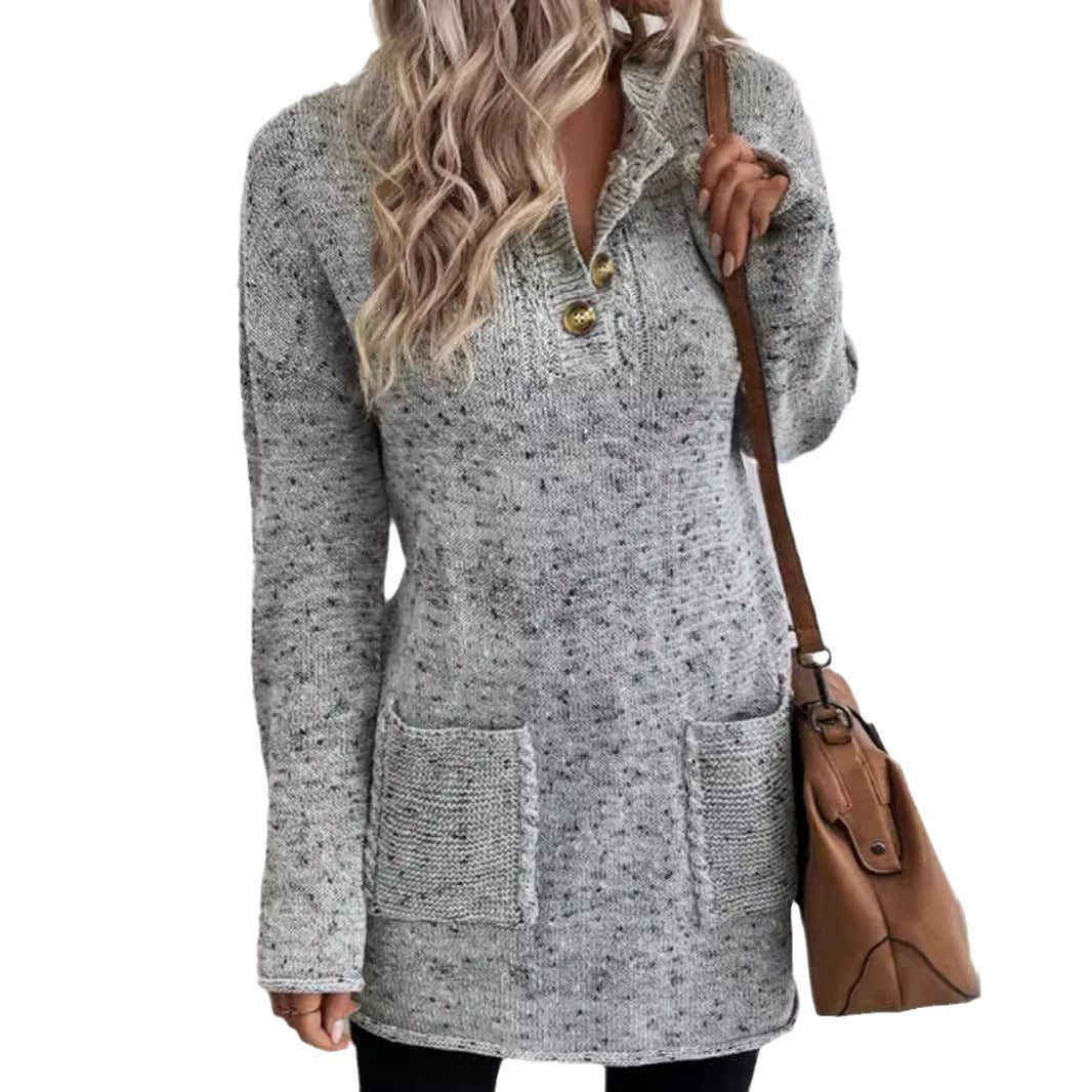 Women's crocheted knitted pullover with button placket and patch pockets Ivyshape