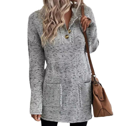 Women's crocheted knitted pullover with button placket and patch pockets Ivyshape