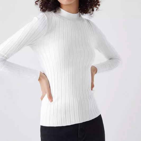 Women's elegant and versatile ribbed sweater with stand-up collar and long sleeves Ivyshape