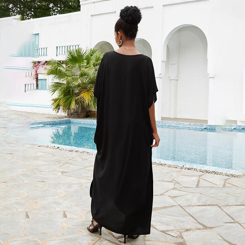 Ladies Maxi Kaftan with floral embroidery pattern and airy sleeves Ivyshape