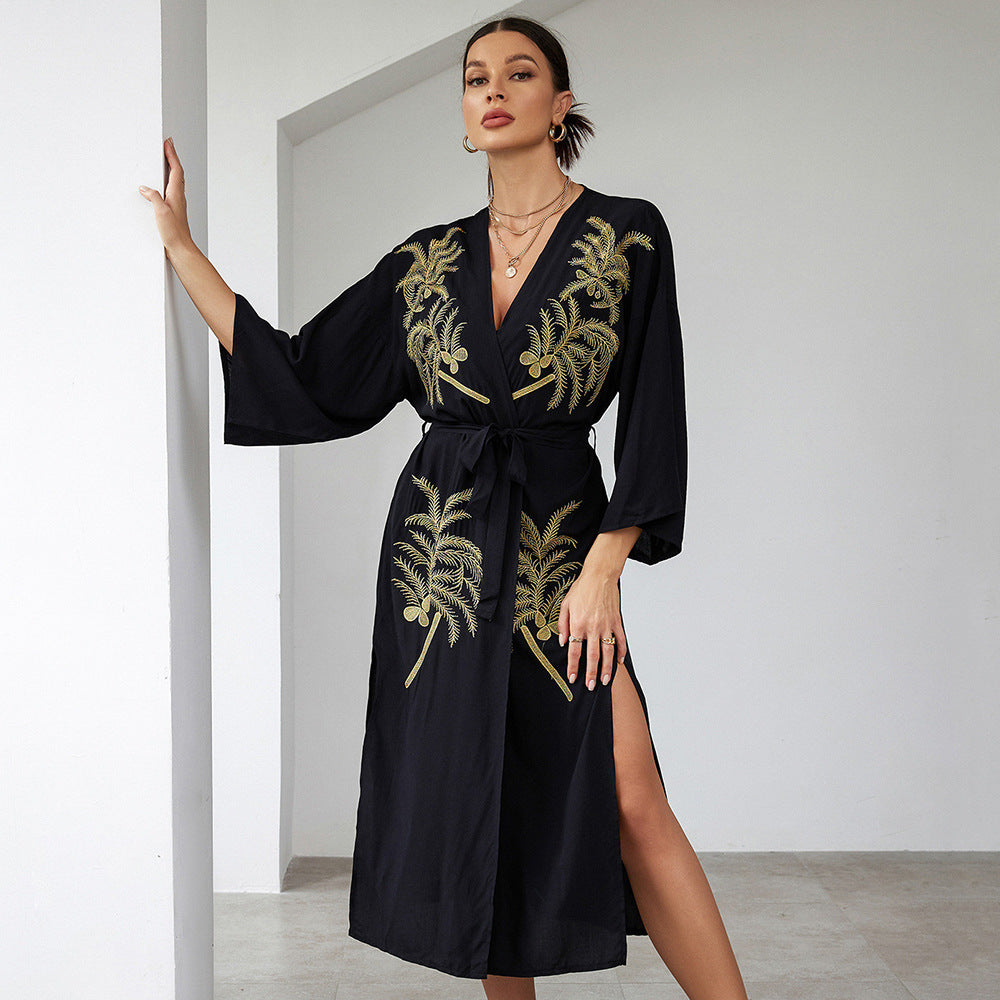 Women's longer Kaftan with intricate palm embroidery and tie belt Ivyshape