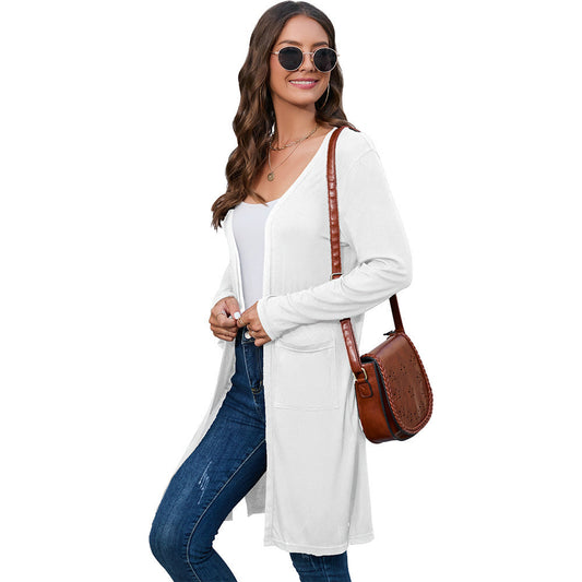 Ladies casual long cardigan with practical pockets and elegant V-neck Ivyshape