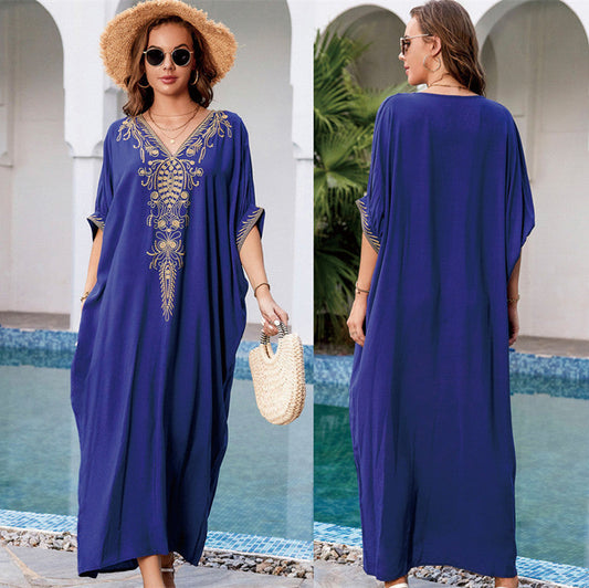 Women's elegant beach kaftan with elaborate embroidery and pockets Ivyshape