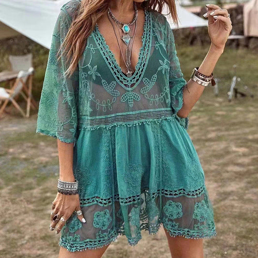 Women's Transparent Beach Tunic with Artistic Embroidery and Elegant V-Neck Ivyshape