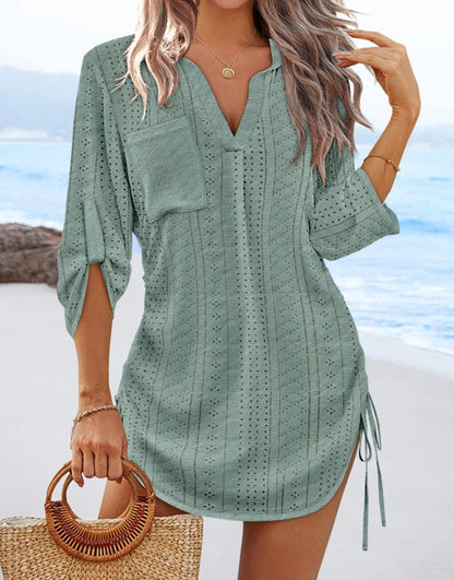 Ladies beach dress with stylish lace pattern and practical chest pocket Ivyshape