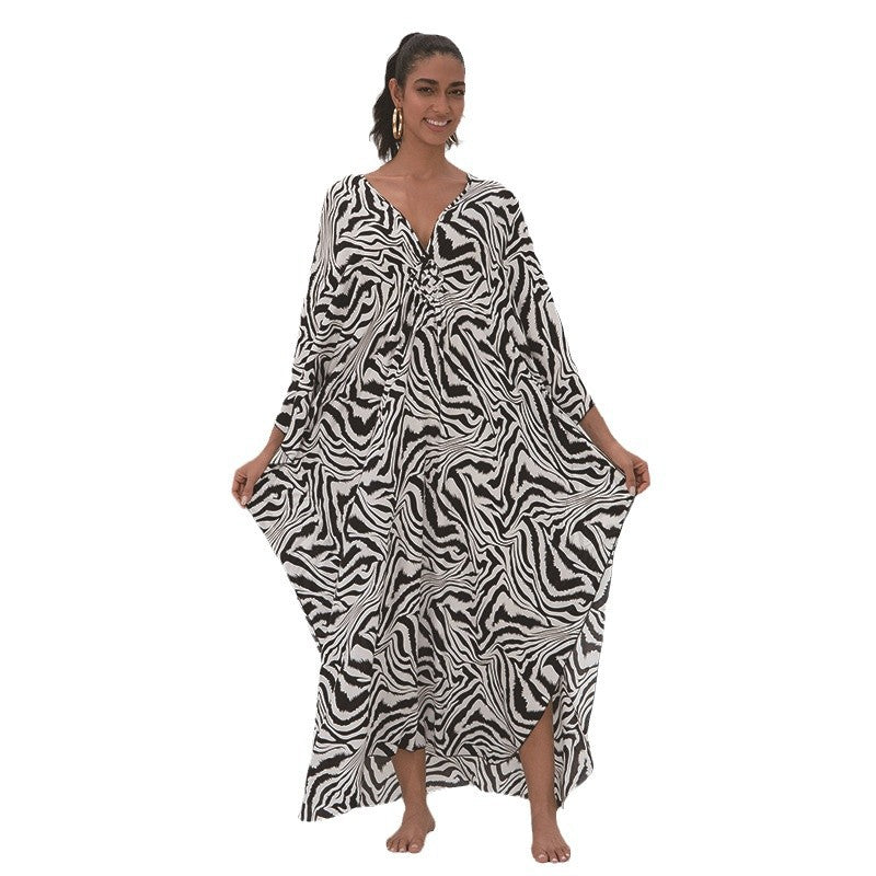 Women's Kaftan Dress with Elegant V-Neck and Wide Swinging Sleeves Ivyshape