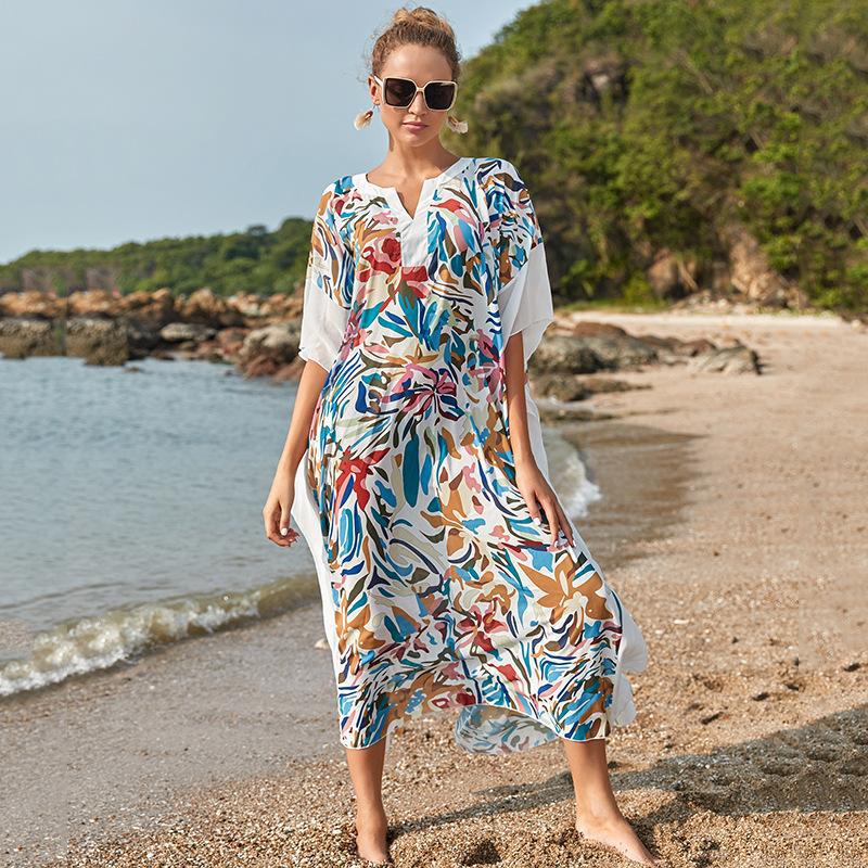 Ladies elegant beach robe with modern floral pattern Ivyshape
