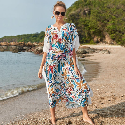 Ladies elegant beach robe with modern floral pattern Ivyshape
