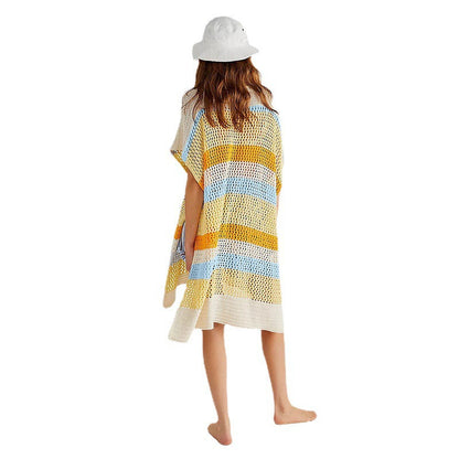 Ladies knitted beach poncho with fashionable contrast stripes Ivyshape