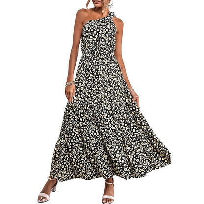 Women's maxi dress with asymmetric neckline and floral print Ivyshape