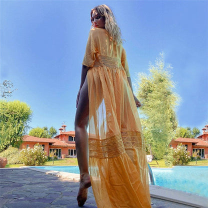 Ladies elegant beach robe with intricate crochet and lace details Ivyshape