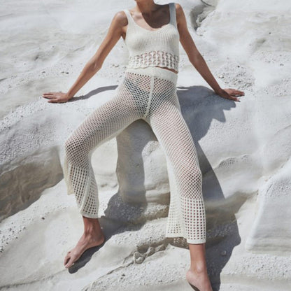 Ladies knit top with seductive mesh design and casual flared pants Ivyshape