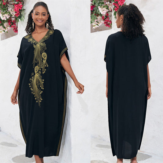 Ladies beach poncho with artistic gold embroidery design Ivyshape