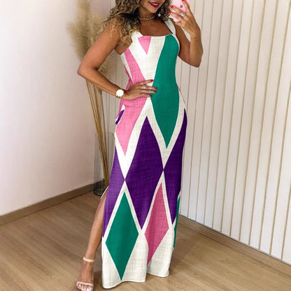 Ladies Maxi Dress with Modern Diamond Pattern and Side Slit Ivyshape