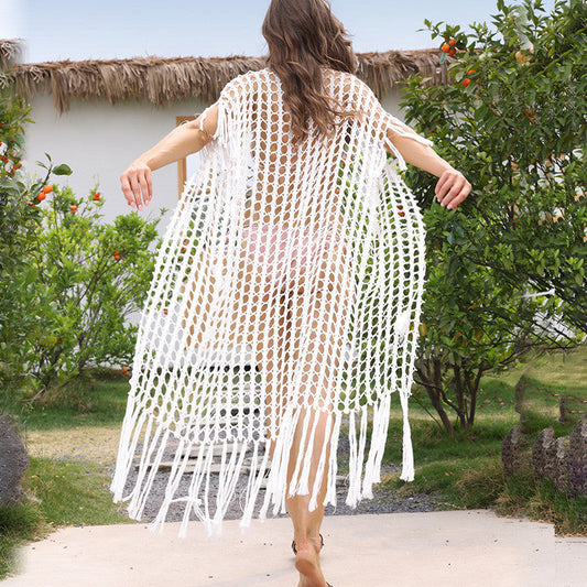 Women's airy crochet beach cover-up with fringed hem Ivyshape