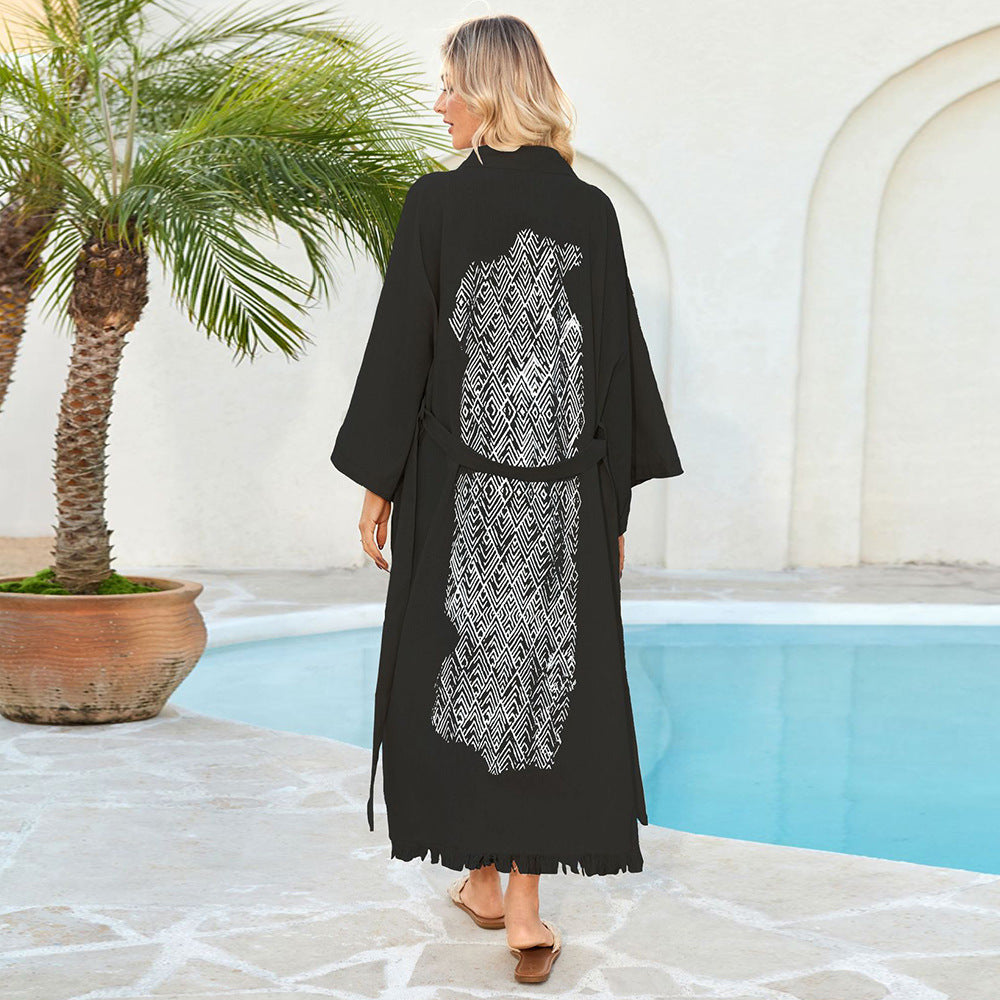Ladies airy beach kimono with elegant cut and fringed accents Ivyshape