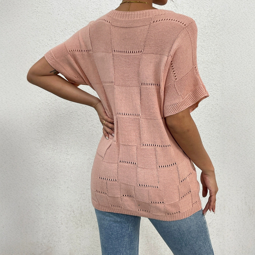 Women's casual knit top with unique hole pattern and wide-cut sleeves Ivyshape