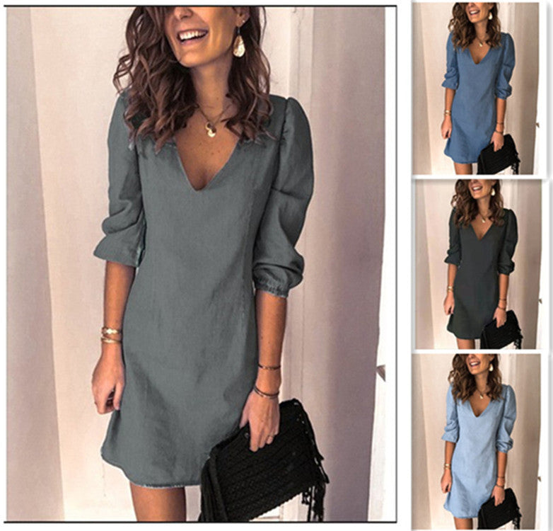Ladies elegant V-neck short dress with puff sleeves Ivyshape