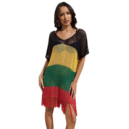 Ladies airy crochet beach cover-up with creative fringes Ivyshape
