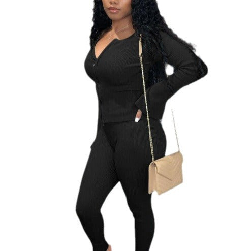 Women Ribbed Knit Zip-Up Active Set Ivyshape