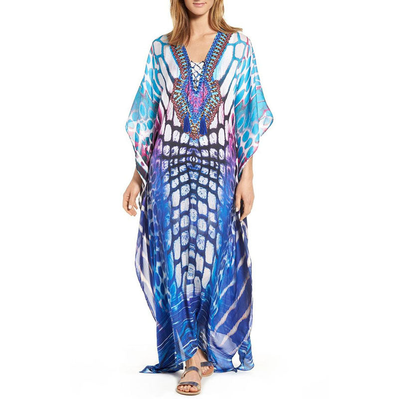 Ladies Maxi Kaftan with exotic pattern mix and elegant V-neck Ivyshape
