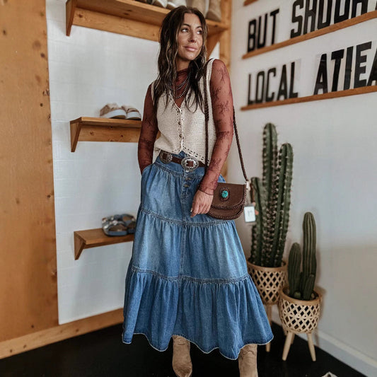 Isla - Gonna midi in denim con ruches