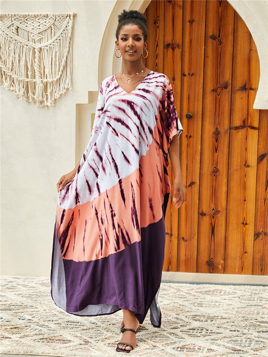 Ladies Kaftan dress with colorful batik pattern and flowing cut Ivyshape