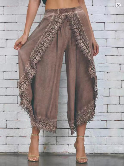 Ladies Elegant Lace Trim Wide Pants Ivyshape
