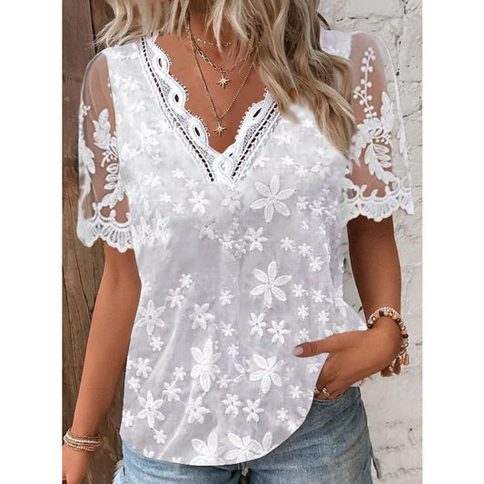 Ladies blouse with floral lace pattern and elegant V-neck Ivyshape
