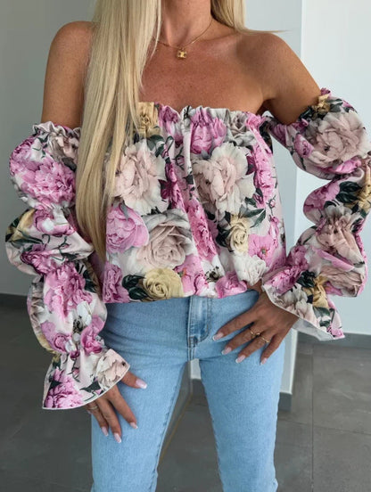 Women's Off-Shoulder Blouse with Voluminous Sleeves and Floral Design Ivyshape