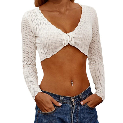 Women's cropped knitted blouse with tie closure and pierced design Ivyshape