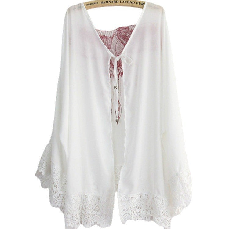 Women's Ethno-Inspired Beach Poncho with Lace Accents and Artistic Bird Motif Ivyshape