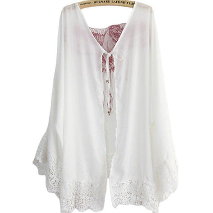 Women's Ethno-Inspired Beach Poncho with Lace Accents and Artistic Bird Motif Ivyshape