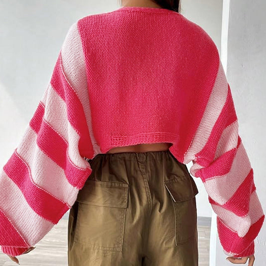 Women Oversized Knit Cardigan with Striking Stripe Pattern and Casual Sleeves Ivyshape
