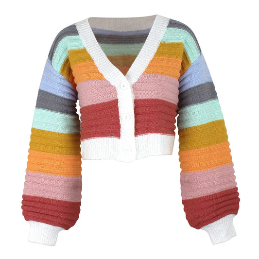 Women's fashionable, multicolored short knitted cardigan with voluminous sleeves and button placket Ivyshape