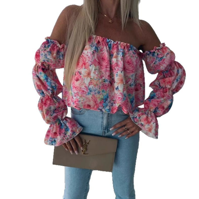 Women's Off-Shoulder Blouse with Voluminous Sleeves and Floral Design Ivyshape