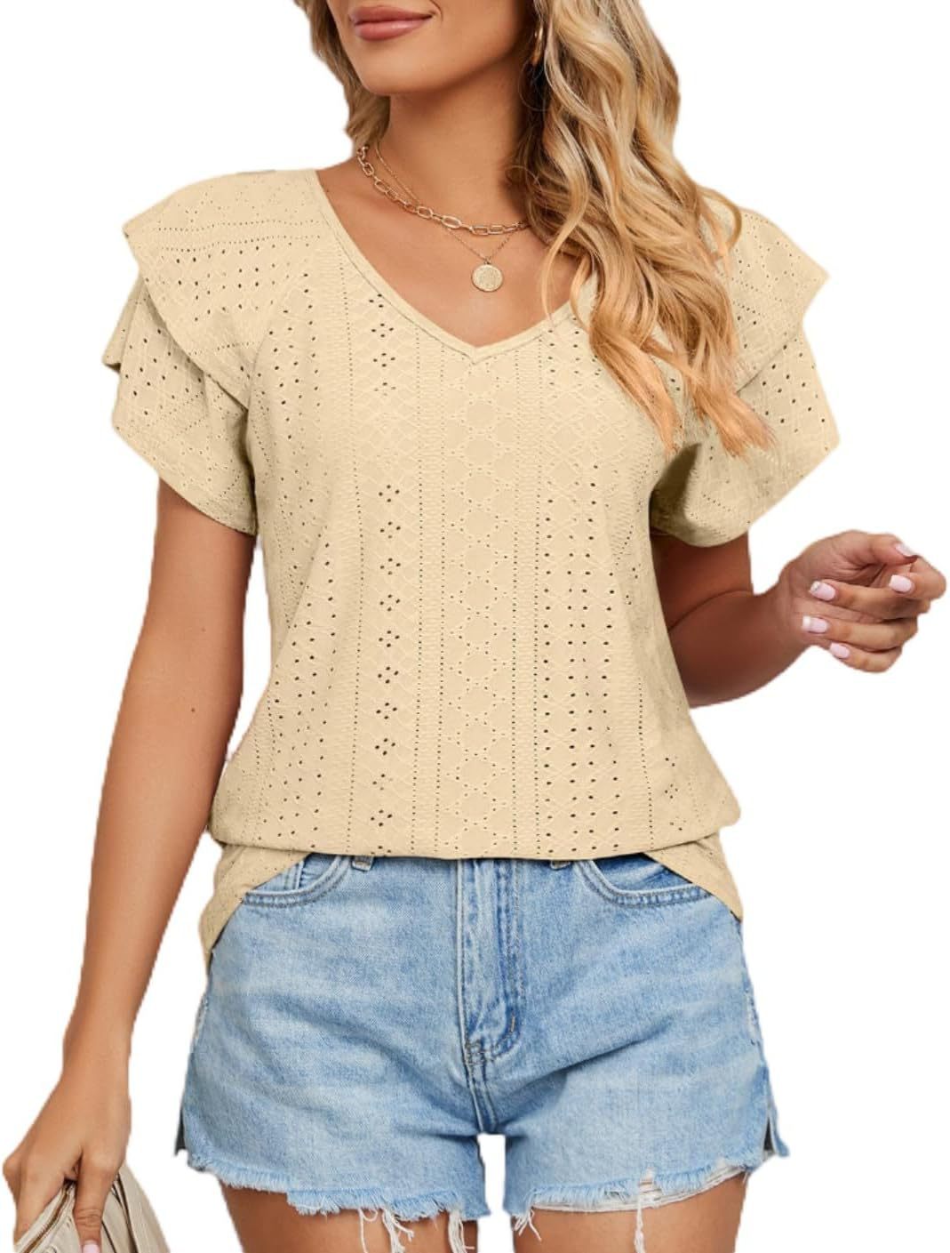 Women Broderie Anglaise V-Neck Top Ivyshape