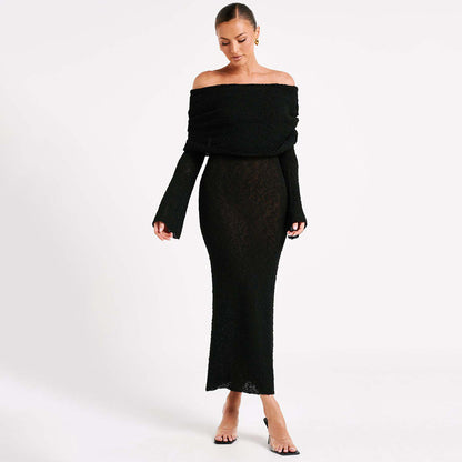 Ladies elegant maxi dress with off-the-shoulder top and fine knit pattern Ivyshape