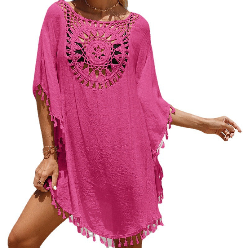 Women's Crochet Beach Cover-Up with Decorative Round Stitch Design and Fashionable Fringes Ivyshape