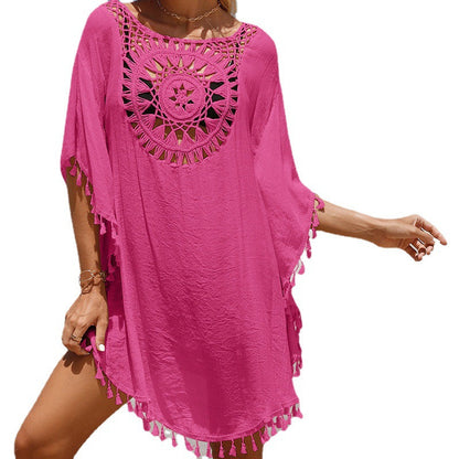 Women's Crochet Beach Cover-Up with Decorative Round Stitch Design and Fashionable Fringes Ivyshape