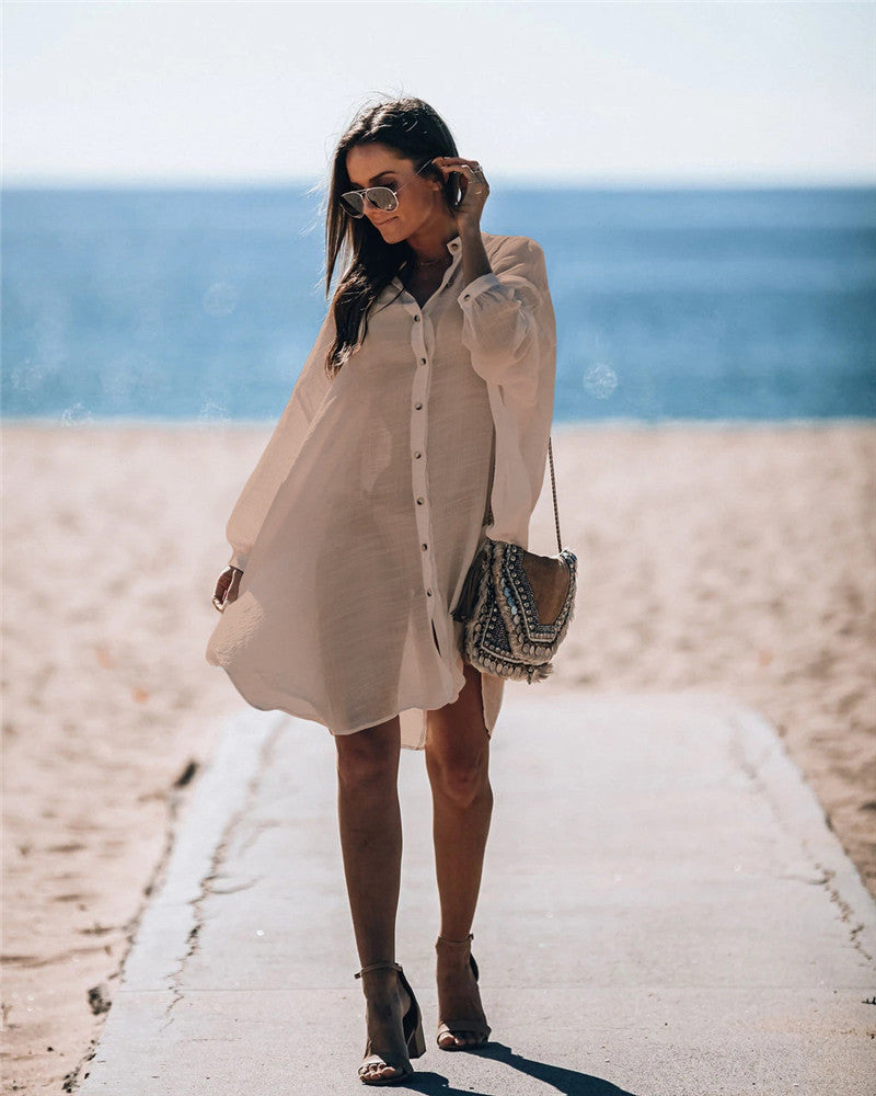 Women's Casual Beach Shirt Dress with Button Detail and Loose Fit Ivyshape