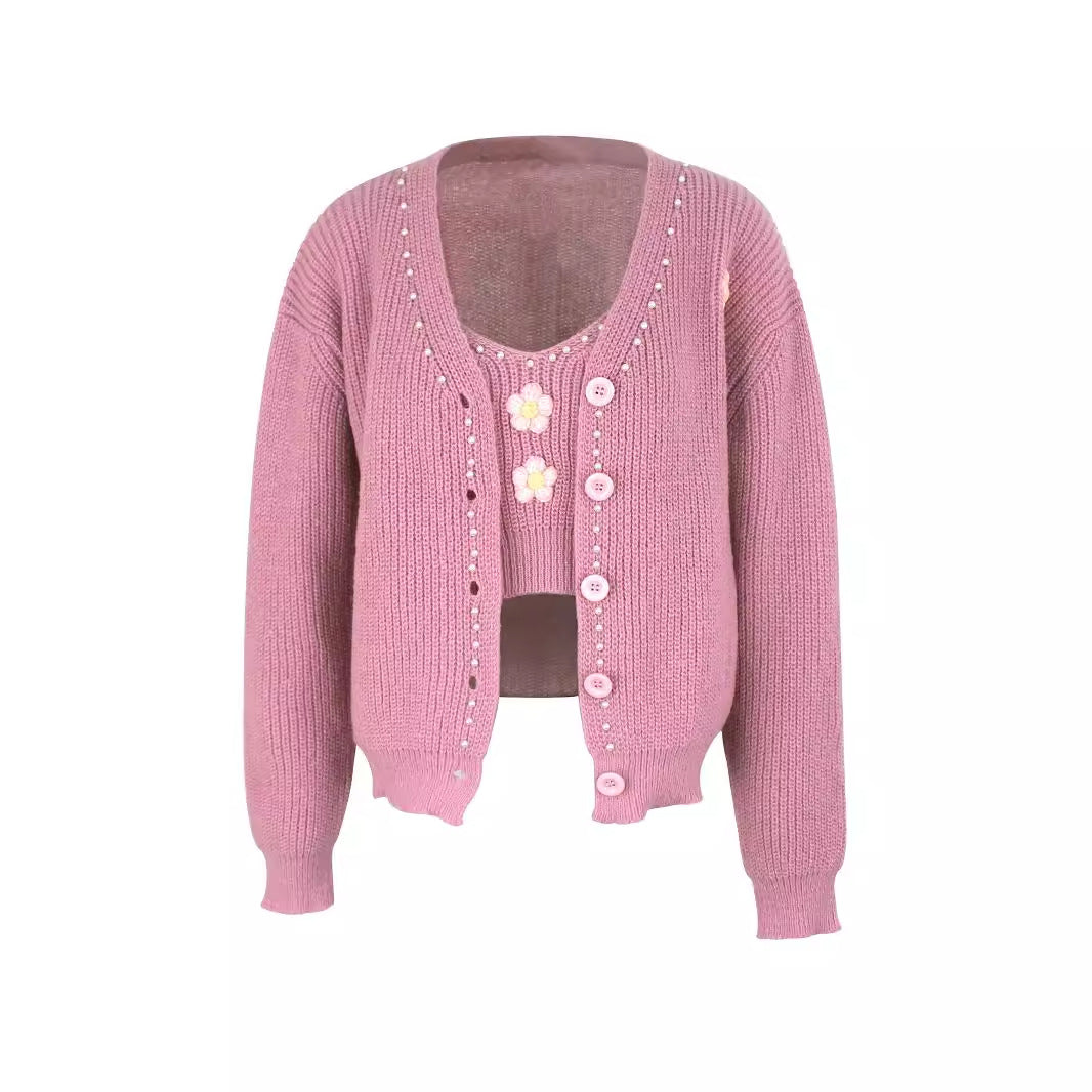 Women's fashionable knit cardigan with floral appliqués and pearl details Ivyshape