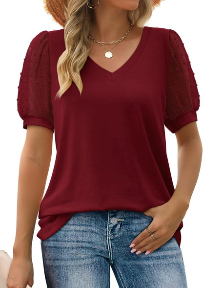 Women Elegant V-Neck Top with Transparent Puff Sleeves Ivyshape