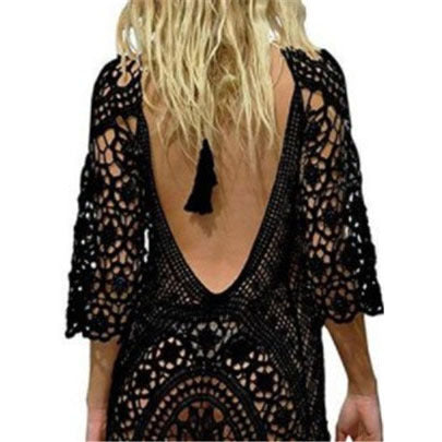 Ladies' crochet beach robe with deep V-neck and ornate fringes Ivyshape
