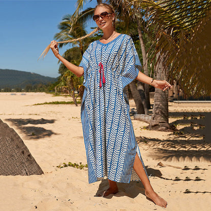 Women's beach kaftan with modern tropical design and tie belt Ivyshape