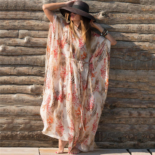 Women's airy beach kaftan with floral design and tie belt Ivyshape