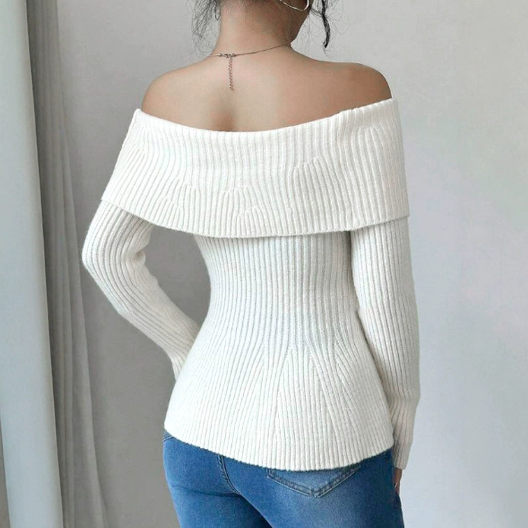 Women Off-Shoulder Knit Sweater with Decorative Ribbed Structures Ivyshape